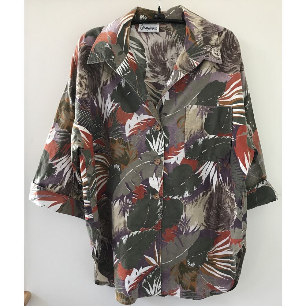 Vtg 80s 90s Oversize Earthtone Tropical Jungle Print Button Up Shirt 47” L-XL